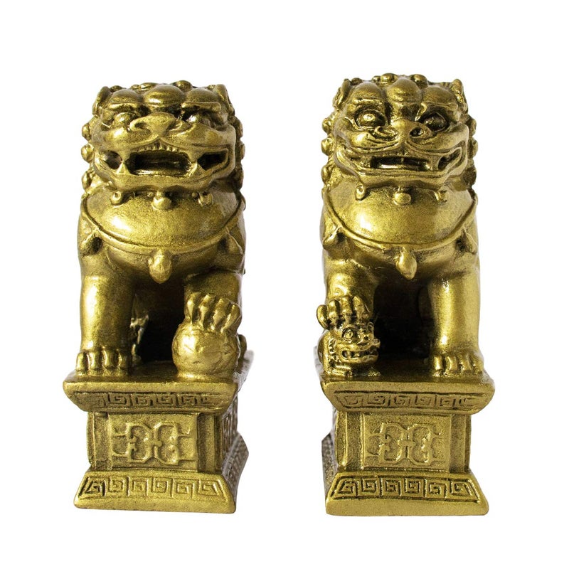 Addune Feng Shui Chinese Beijing Foo Dogs Statues Pair Guardian Lions Statues Wealth Protection Figurine Decorations Home Gifts (Bronze) - Image 1